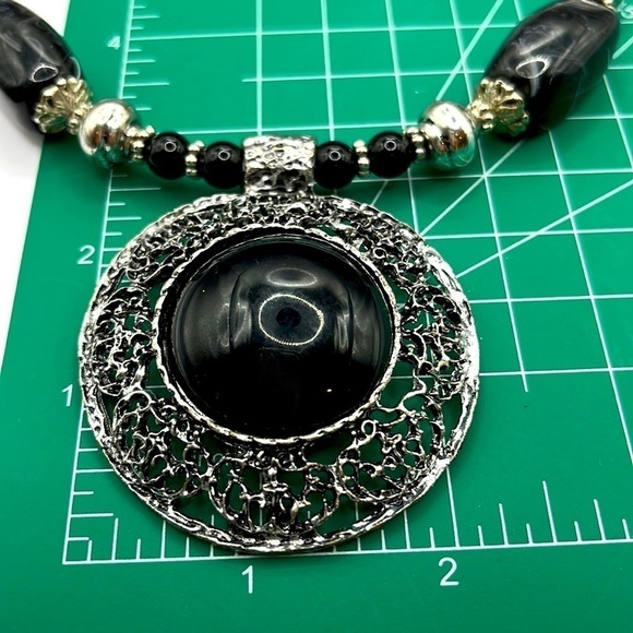 MIXIT Statement Necklace Medallion Acrylic Black Beads and Silver Tone Big Bold - Picture 11 of 11